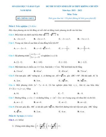 Đề thi tuyển sinh Lớp 10 THPT không chuyên môn Toán - Năm học 2021-2022 - Sở GD và ĐT Nam Định (Có đáp án)