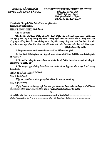 Đề thi tuyển sinh Lớp 10 THPT môn Ngữ văn - Năm học 2019-2020 - Trường THCS Hiệp Hòa (Có đáp án)