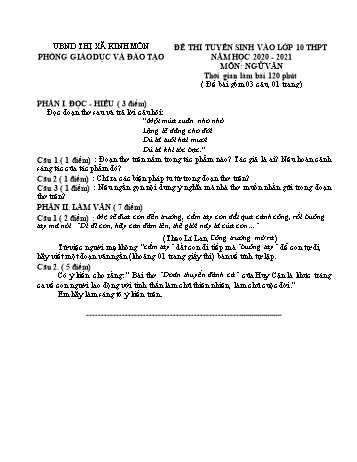 Đề thi tuyển sinh Lớp 10 THPT môn Ngữ văn - Năm học 2020-2021 - Trường THCS Lạc Long (Có đáp án)