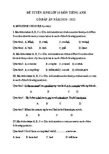 Đề thi tuyển sinh Lớp 10 THPT môn Tiếng Anh - Đề số 10 - Năm học 2020-2021 (Có đáp án)