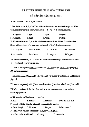 Đề thi tuyển sinh Lớp 10 THPT môn Tiếng Anh - Đề số 11 - Năm học 2020-2021 (Có đáp án)