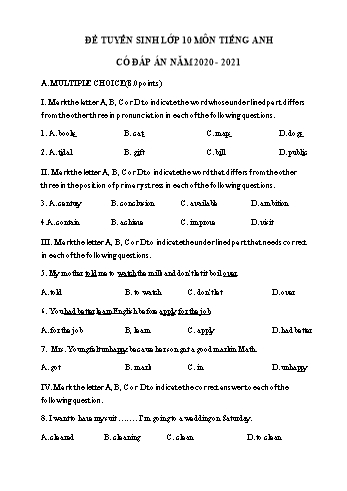Đề thi tuyển sinh Lớp 10 THPT môn Tiếng Anh - Đề số 13 - Năm học 2020-2021 (Có đáp án)
