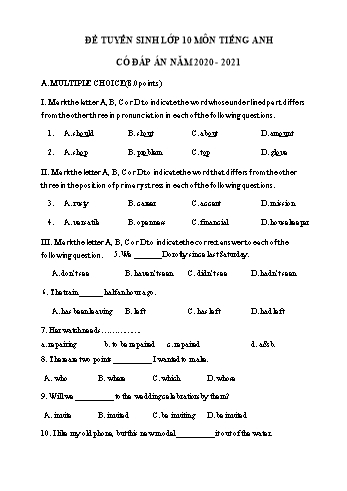 Đề thi tuyển sinh Lớp 10 THPT môn Tiếng Anh - Đề số 16 - Năm học 2020-2021 (Có đáp án)