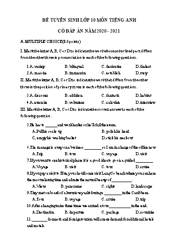 Đề thi tuyển sinh Lớp 10 THPT môn Tiếng Anh - Đề số 17 - Năm học 2020-2021 (Có đáp án)