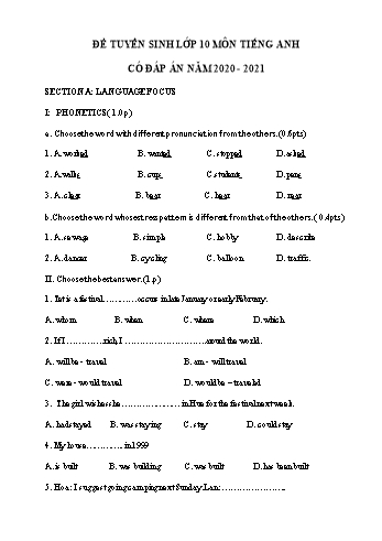 Đề thi tuyển sinh Lớp 10 THPT môn Tiếng Anh - Đề số 2 - Năm học 2020-2021