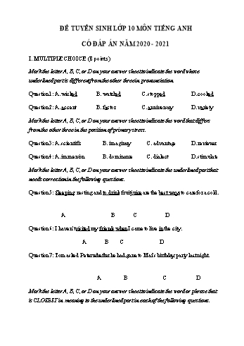 Đề thi tuyển sinh Lớp 10 THPT môn Tiếng Anh - Đề số 20 - Năm học 2020-2021 (Có đáp án)