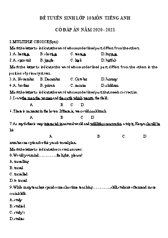 Đề thi tuyển sinh Lớp 10 THPT môn Tiếng Anh - Đề số 21 - Năm học 2020-2021 (Có đáp án)