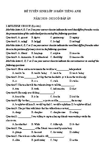 Đề thi tuyển sinh Lớp 10 THPT môn Tiếng Anh - Đề số 22 - Năm học 2020-2021 (Có đáp án)