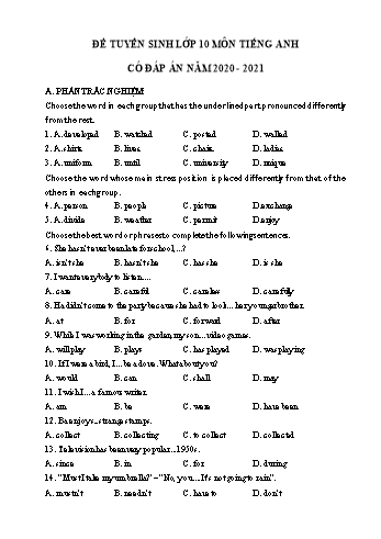 Đề thi tuyển sinh Lớp 10 THPT môn Tiếng Anh - Đề số 3 - Năm học 2020-2021 (Có đáp án)