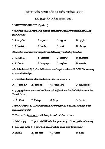 Đề thi tuyển sinh Lớp 10 THPT môn Tiếng Anh - Đề số 5 - Năm học 2020-2021 (Có đáp án)