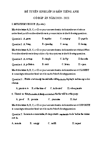 Đề thi tuyển sinh Lớp 10 THPT môn Tiếng Anh - Đề số 6 - Năm học 2020-2021 (Có đáp án)