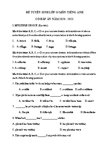 Đề thi tuyển sinh Lớp 10 THPT môn Tiếng Anh - Đề số 7 - Năm học 2020-2021 (Có đáp án)