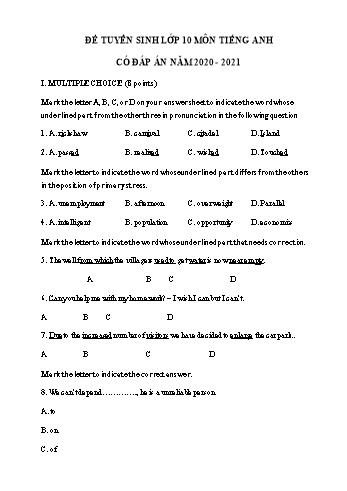 Đề thi tuyển sinh Lớp 10 THPT môn Tiếng Anh - Đề số 8 - Năm học 2020-2021 (Có đáp án)