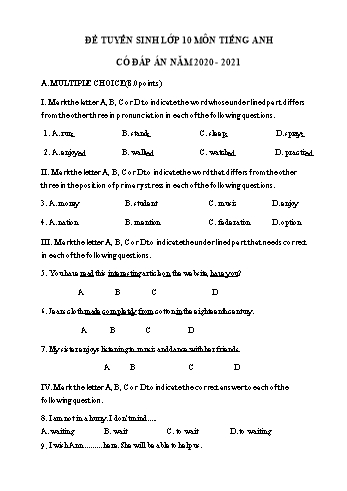 Đề thi tuyển sinh Lớp 10 THPT môn Tiếng Anh - Đề số 9 - Năm học 2020-2021 (Có đáp án)