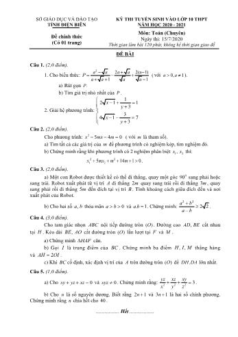Đề thi tuyển sinh Lớp 10 THPT môn Toán (Chuyên) - Năm học 2020-2021 - Sở GD và ĐT Điện Biên (Có đáp án)