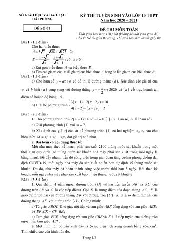 Đề thi tuyển sinh Lớp 10 THPT môn Toán - Đề số 01 - Năm học 2020-2021 - Sở GD và ĐT Hải Phòng (Có đáp án)