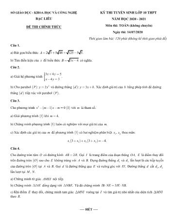 Đề thi tuyển sinh Lớp 10 THPT môn Toán (Không chuyên) - Năm học 2020-2021 - Sở GD và ĐT Bạc Liêu (Có đáp án)