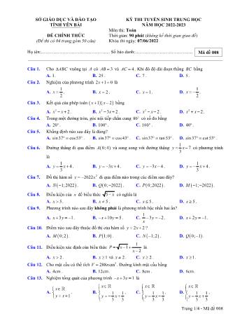 Đề thi tuyển sinh Lớp 10 THPT môn Toán - Mã đề 008 - Năm học 2022-2023 - Sở GD và ĐT Yên Bái (Có đáp án)