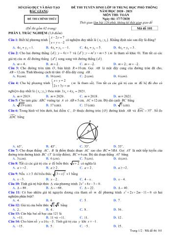 Đề thi tuyển sinh Lớp 10 THPT môn Toán - Mã đề 101 - Năm học 2020-2021 - Sở GD và ĐT Bắc Giang (Có đáp án)