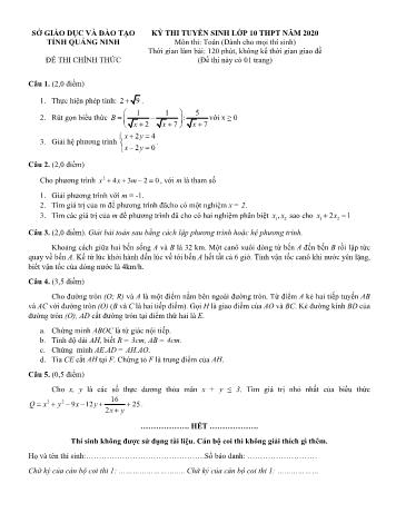 Đề thi tuyển sinh Lớp 10 THPT môn Toán năm 2020 - Sở GD và ĐT Quảng Ninh (Có đáp án)