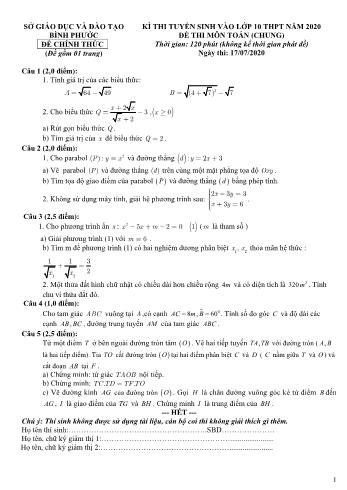 Đề thi tuyển sinh Lớp 10 THPT môn Toán năm 2020 - Sở GD và ĐT Bình Phước (Có đáp án)