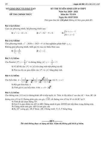 Đề thi tuyển sinh Lớp 10 THPT môn Toán - Năm học 2020-2021 (Có đáp án)