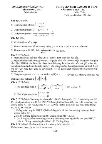 Đề thi tuyển sinh Lớp 10 THPT môn Toán - Năm học 2020-2021 - Sở GD và ĐT Đồng Nai (Có đáp án)