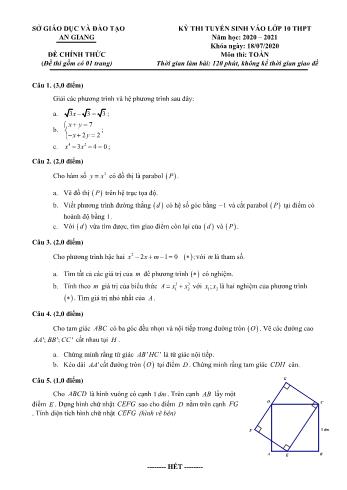 Đề thi tuyển sinh Lớp 10 THPT môn Toán - Năm học 2020-2021 - Sở GD và ĐT An Giang (Có đáp án)