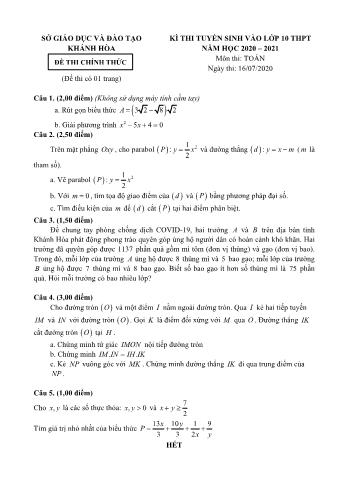 Đề thi tuyển sinh Lớp 10 THPT môn Toán - Năm học 2020-2021 - Sở GD và ĐT Khánh Hòa (Có đáp án)