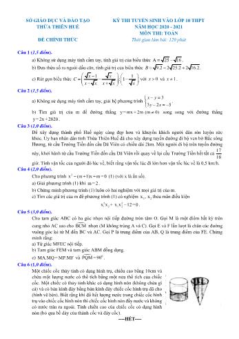 Đề thi tuyển sinh Lớp 10 THPT môn Toán - Năm học 2020-2021 - Sở GD và ĐT Thừa Thiên Huế (Có đáp án)