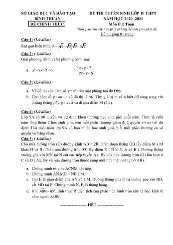 Đề thi tuyển sinh Lớp 10 THPT môn Toán - Năm học 2020-2021 - Sở GD và ĐT Bình Thuận (Có đáp án)