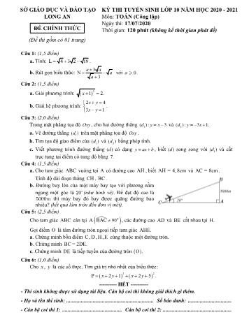 Đề thi tuyển sinh Lớp 10 THPT môn Toán - Năm học 2020-2021 - Sở GD và ĐT Long An (Có đáp án)