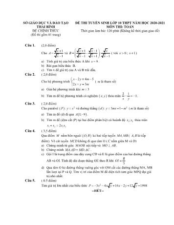 Đề thi tuyển sinh Lớp 10 THPT môn Toán - Năm học 2020-2021 - Sở GD và ĐT Thái Bình (Có đáp án)