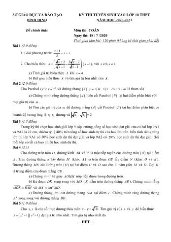 Đề thi tuyển sinh Lớp 10 THPT môn Toán - Năm học 2020-2021 - Sở GD và ĐT Bình Định