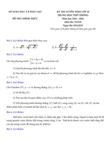 Đề thi tuyển sinh Lớp 10 THPT môn Toán - Năm học 2021-2022 - Sở GD và ĐT Bình Dương (Có đáp án)
