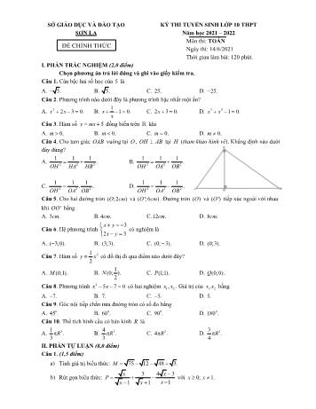 Đề thi tuyển sinh Lớp 10 THPT môn Toán - Năm học 2021-2022 - Sở GD và ĐT Sơn La (Có đáp án)