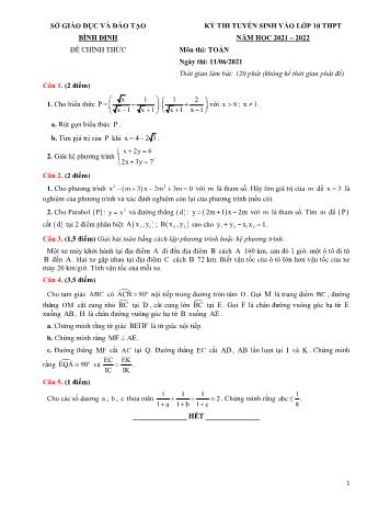 Đề thi tuyển sinh Lớp 10 THPT môn Toán - Năm học 2021-2022 - Sở GD và ĐT Bình Định (Có đáp án)