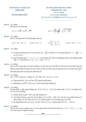 Đề thi tuyển sinh Lớp 10 THPT môn Toán - Năm học 2021-2022 - Sở GD và ĐT Vĩnh Long (Có đáp án)