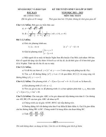 Đề thi tuyển sinh Lớp 10 THPT môn Toán - Năm học 2021-2022 - Sở GD và ĐT Bắc Kạn (Có đáp án)