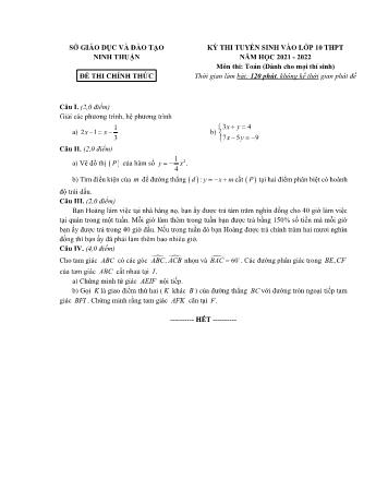 Đề thi tuyển sinh Lớp 10 THPT môn Toán - Năm học 2021-2022 - Sở GD và ĐT Ninh Thuận (Có đáp án)