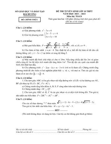 Đề thi tuyển sinh Lớp 10 THPT môn Toán - Năm học 2021-2022 - Sở GD và ĐT Hải Dương (Có đáp án)