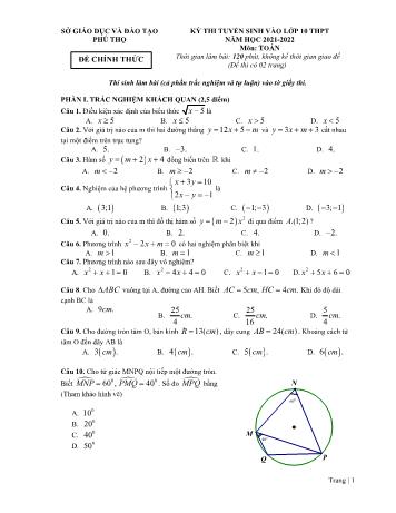 Đề thi tuyển sinh Lớp 10 THPT môn Toán - Năm học 2021-2022 - Sở GD và ĐT Phú Thọ (Có đáp án)
