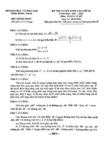 Đề thi tuyển sinh Lớp 10 THPT môn Toán - Năm học 2021-2022 - Sở GD và ĐT Đồng Tháp (Có đáp án)