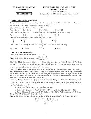Đề thi tuyển sinh Lớp 10 THPT môn Toán - Năm học 2021-2022 - Sở GD và ĐT Vĩnh Phúc (Có đáp án)