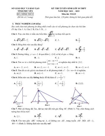 Đề thi tuyển sinh Lớp 10 THPT môn Toán - Năm học 2021-2022 - Sở GD và ĐT Phú Yên (Có đáp án)