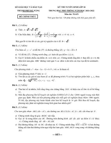 Đề thi tuyển sinh Lớp 10 THPT môn Toán - Năm học 2021-2022 - Sở GD và ĐT Thành phố Đà Nẵng (Có đáp án)
