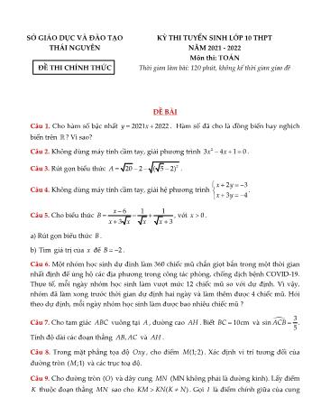 Đề thi tuyển sinh Lớp 10 THPT môn Toán - Năm học 2021-2022 - Sở GD và ĐT Thái Nguyên (Có đáp án)