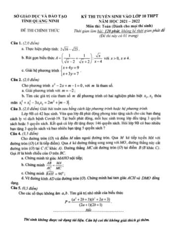 Đề thi tuyển sinh Lớp 10 THPT môn Toán - Năm học 2021-2022 - Sở GD và ĐT Quảng Ninh (Có đáp án)