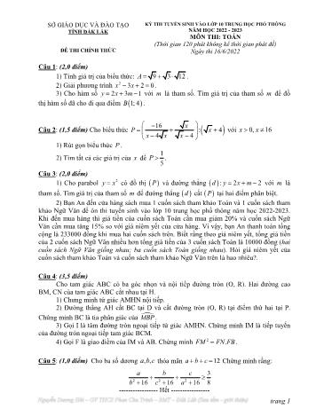 Đề thi tuyển sinh Lớp 10 THPT môn Toán - Năm học 2022-2023 - Sở GD và ĐT Đắk Lắk (Có đáp án)