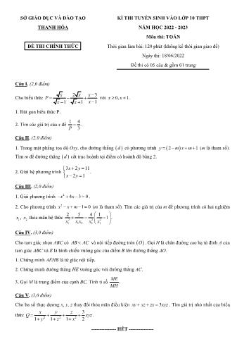 Đề thi tuyển sinh Lớp 10 THPT môn Toán - Năm học 2022-2023 - Sở GD và ĐT Thanh Hóa